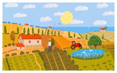 Sonbahar kırsal arazi tarlaları tepenin üzerinde, ufukta. Sonbahar mevsimi, kırsal manzara. Vektör çizim eli izole edildi