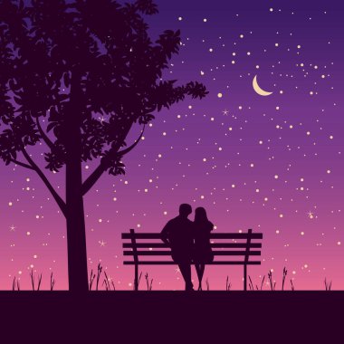 Parktaki bankta, ağacın altında iki sevgili. Gece, yıldızlar, ay. Vektör illüstrasyon silueti