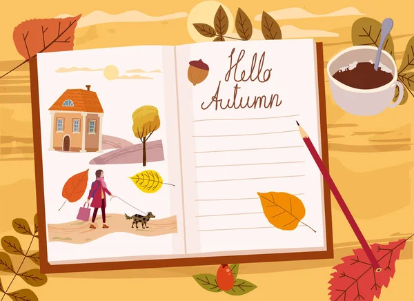 Girls Autumn Diary, outono amarelo, folhas de laranja, ramo, caneca de café, ilustrações. Queda, ambiente acolhedor hygge atmosfera. Ilustração vetorial —  Vetores de Stock