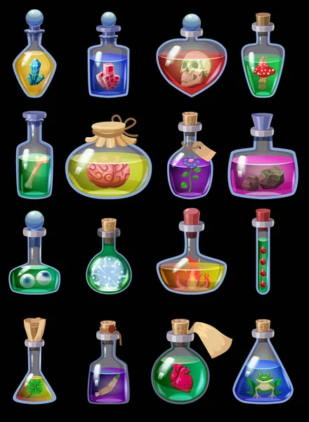 Σετ από μπουκάλια μαγικό φίλτρο. Εικονίδια παιχνίδι υγρό ελιξίριο πολύχρωμο με scull, καρδιά, κόκκαλο, αίμα, βάτραχος, λουλούδι, μανιτάρι, πέτρα. Εφαρμογή περιουσιακό στοιχείο Vector game UI — Διανυσματικό Αρχείο