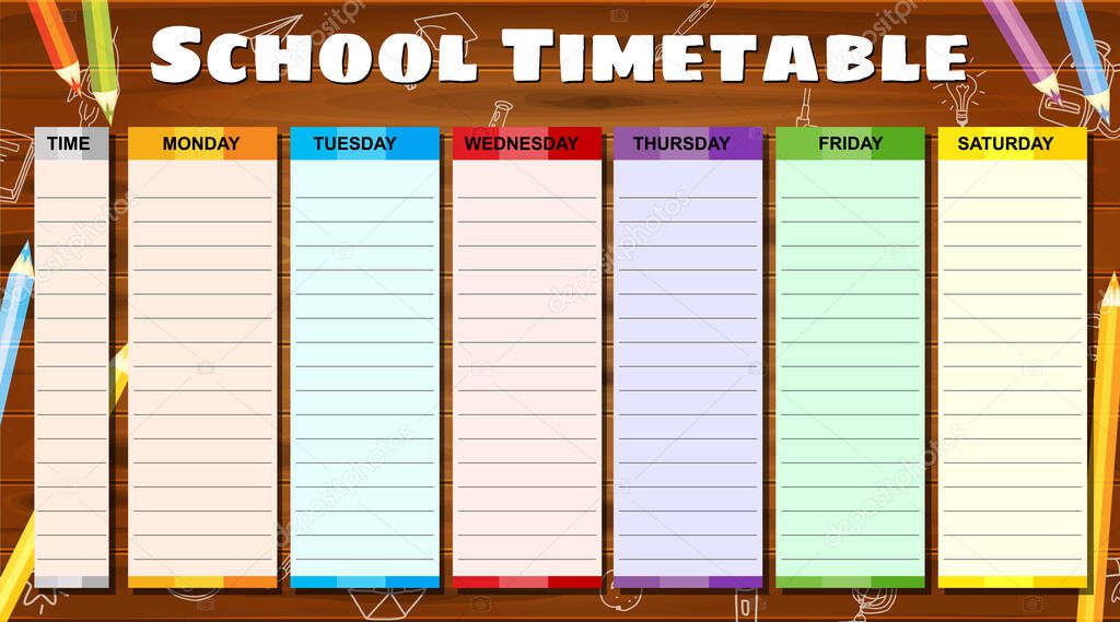 School Timetable weekly, hand drawn sketch icons of school supplies, pencils on woodboard. Vector template schedule, cartoon style