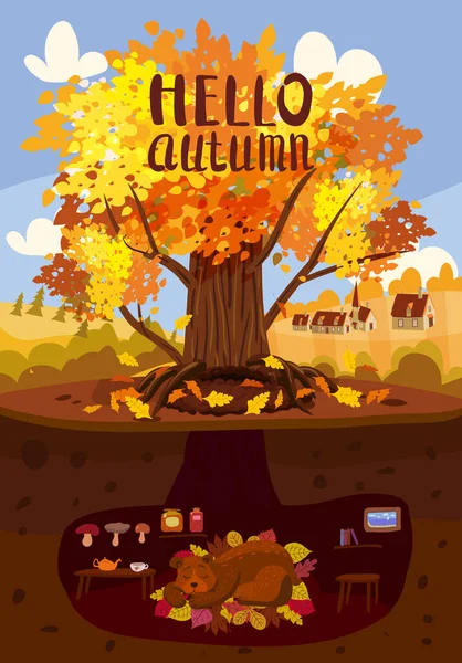 Automne arbre coloré, ours mignon dort dans un terrier, trou. Fond d'automne paysage rural, feuilles jaunes orange, affiche, bannière. Illustration vectorielle style dessin animé — Image vectorielle