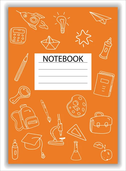 Copertina Notebook scuola scarabocchi icone disegnate a mano. Copertina modello per diario, broshure, poster, sketchbook. Illustrazione vettoriale — Vettoriale Stock