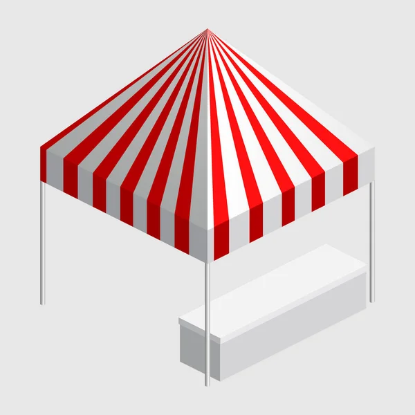 Izometrický stánek, stan. Ulice markýzový baldachýn stánek, pult, bílé červené struny pro veletrh, pouliční jídlo, trh, potraviny. Izolovaný vektor — Stockový vektor