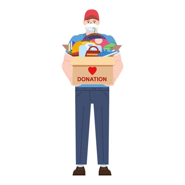 ボランティアの男性は、マスク、服、本、靴を寄付箱でお届けします。難民や貧しい子供たちのために。意識と慈善の概念,ベクトル,イラストフラット漫画スタイル — ストックベクタ