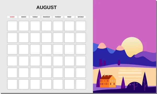 Planer kalendarza Sierpień miesiąc. Minimalistyczny krajobraz naturalne tła Lato. Miesięczny wzór dziennika pracy. Wyizolowany wektor — Wektor stockowy