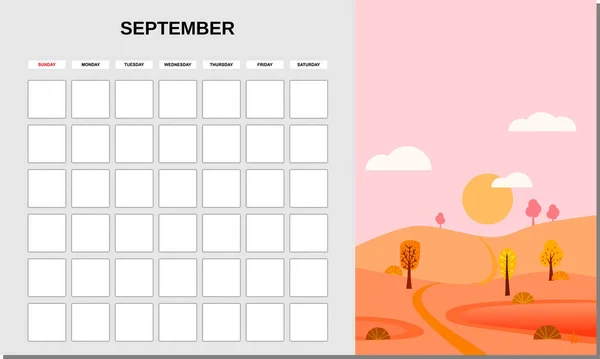 Planer kalendarza Wrzesień miesiąc. Minimalistyczny krajobraz naturalne tła Jesień. Miesięczny wzór dziennika pracy. Wyizolowany wektor — Wektor stockowy