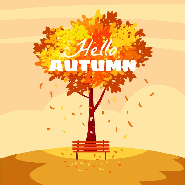 Árbol de otoño, paisaje parque de la ciudad con texto Hola otoño. Caída, árbol en follaje naranja amarilla, banco. Vector fondo ilustración, cartel — Vector de stock
