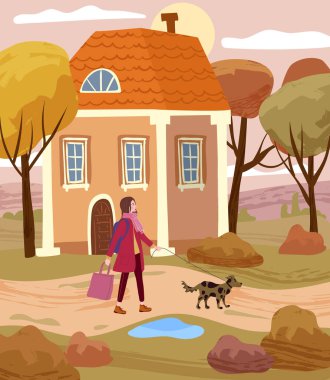 Sonbahar parkında köpeğini gezdiren genç bir kadın. Sonbahar havası. Vektör illüstrasyon afişi, poster, afiş, kartpostal,