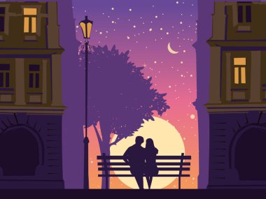 Romantik çift aşıkları şehirde bankta, ağacın altında, binalarda, fenerde. Günbatımı, gece, yıldızlar. Vektör Mutlu Sevgililer Günü illüstrasyonu, siluet