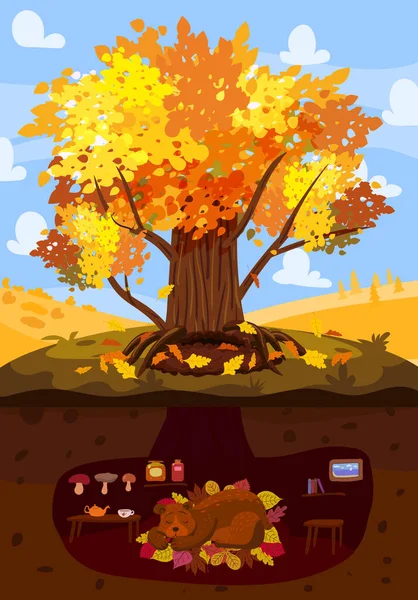 Autumn tree colorfull, cute Bear is sleeping in a burrow, hole. Fall background rural countryside landscape, yellow orange leaves, poster, banner. Vector illustration cartoon style — Stock Vector