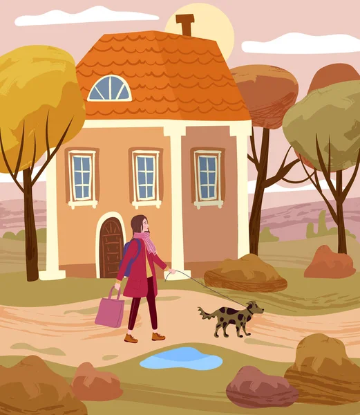 Junge Frau mit Hund im herbstlichen Stadtpark. Herbststimmung. Vektor Illustration Banner, Poster, Banner, Postkarte, — Stockvektor