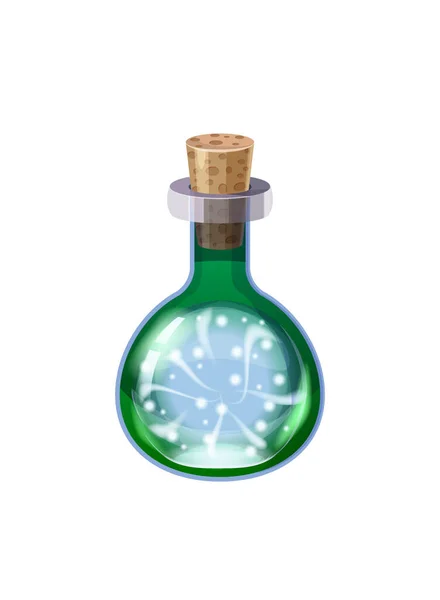 Güç enerjili bir şişe sihirli iksir. Oyun simgesi, cam, sıvı iksir, poisin, matara, oyun için Vektör illüstrasyon çizgi filmi, uygulama UI — Stok Vektör