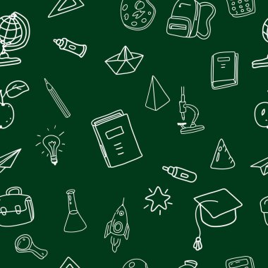 Okul karalamaları, pürüzsüz. Okul çizgisi simgeleri, malzemeler, elementler. El çizilmiş scetches vektör illüstrasyon arka planı