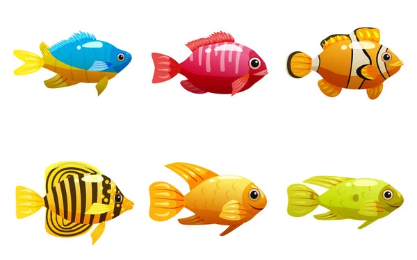 Tropik sarı balıklar, mercan resifleri, egzotik hayvanlar. Koleksiyon Akvaryumu deniz yaşamı, vektör illüstrasyon çizgi film stili — Stok Vektör