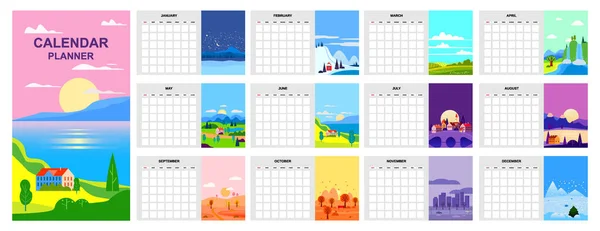 Calendar Planner мінімалістичний ландшафтний фон з чотирьох сезонів шаблонно. Зима, весна, літо, осінь. Щомісяця для щоденника. Тиждень починається в неділю. Векторний плоский стиль — стоковий вектор