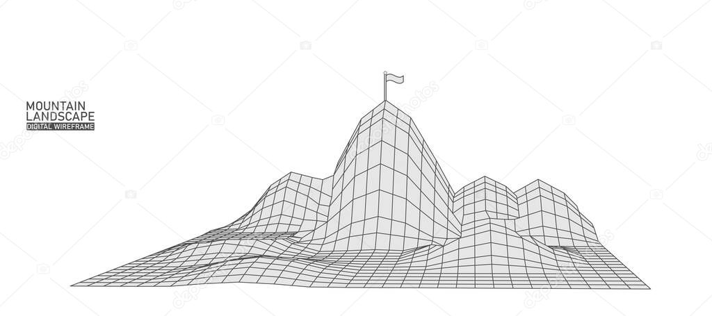 Digital landscape mountaine abstract wireframe. 3D wireframe grid mesh illustration concept. Vector background