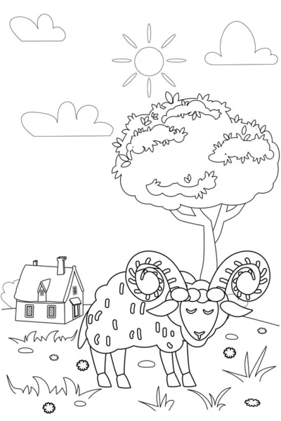 아이들을 위한 교육용 책에 색칠을 하는 귀여운 오븐 농장 동물들. 시골 풍경 coloring page ( 영어 ). 흰 반사기에 나오는 흑백 윤곽 만화 캐릭터 — 스톡 벡터