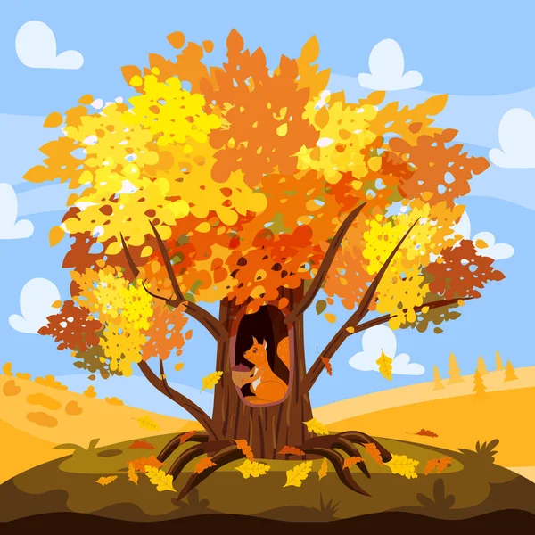 Herbst-Baumeiche mit niedlichen Eichhörnchen, Eichel in Mulde. Herbstlandschaft gelbe orangefarbene Blätter, Stimmung. Vektor Illustration Cartoon-Stil — Stockvektor