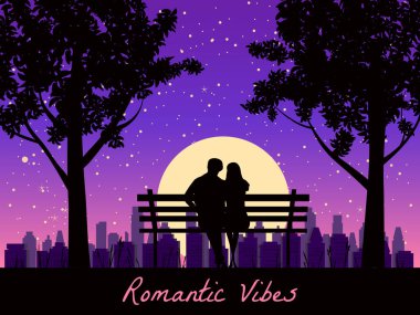 Romantik Titreşimler. Parktaki bankta, ağaçların altında oturan çift aşıklar. Günbatımı, gece, yıldızlar. Vektör Mutlu Sevgililer Günü illüstrasyonu, siluet