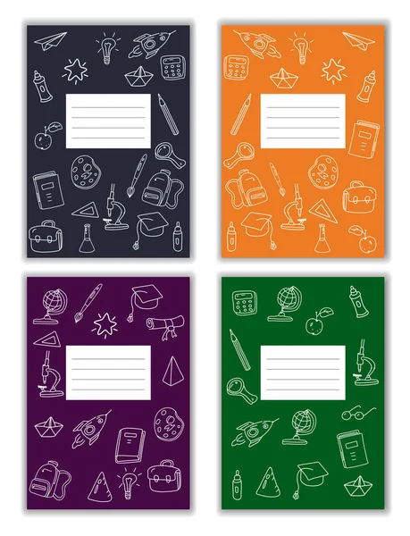Set copertina quaderno scuola scarabocchi icone disegnate a mano. Copertina modello per diario, broshure, poster, sketchbook. Illustrazione vettoriale — Vettoriale Stock