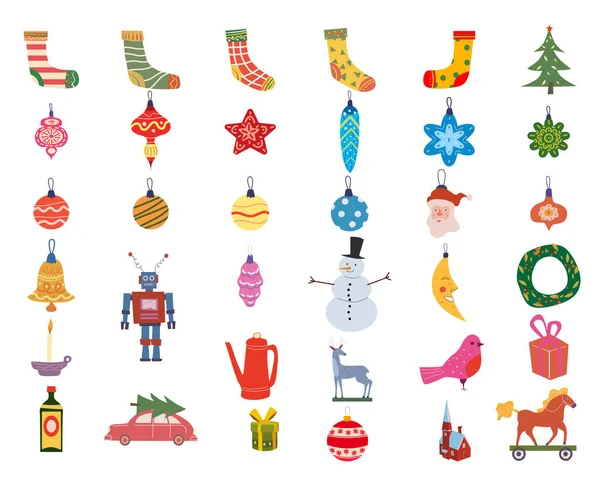 Set palle di Natale, robot, auto, cavallo, cervo giocattoli in legno retrò, vintage. Collezione vettoriale cartone animato in stile piatto — Vettoriale Stock