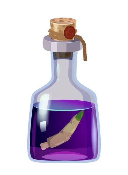 Botella mágica poción con el dedo. Activo icono del juego, vidrio, elixir líquido, cocina, frasco, Vector ilustración de dibujos animados para el juego, interfaz de usuario aplicación — Vector de stock