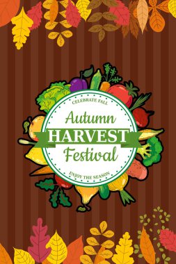 Sonbahar Hasat Festivali posteri, meyve ve sebze olgunluğu ve sulu. Elle çizilmiş organik ürünler, düşüş. Vektör retro, vintage pankart, illüstrasyon, broşür, kart