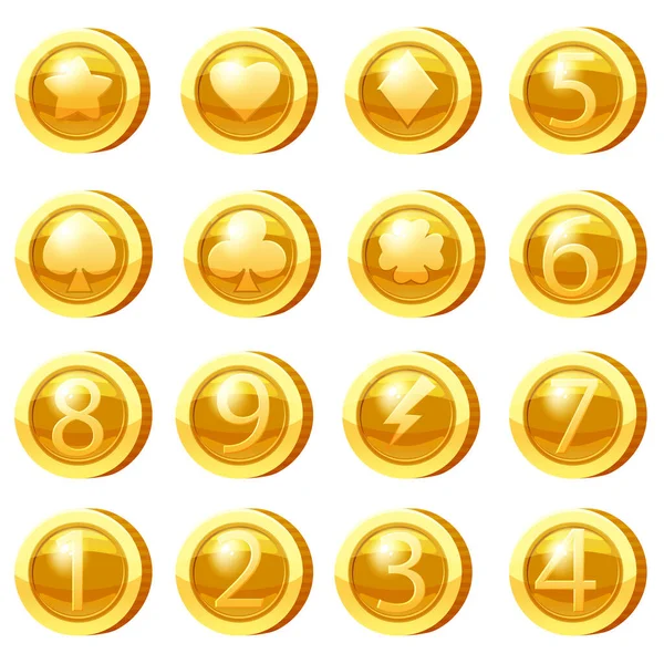 Conjunto de moedas de ouro para aplicativos de jogos. Ícones de ouro estrela, coração, números símbolos jogo UI, jogos de azar. Ilustração vetorial — Vetor de Stock