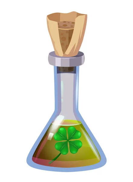 Μπουκάλι μαγικό φίλτρο με clower. Παιχνίδι εικονίδιο περιουσιακό στοιχείο, γυαλί, υγρό ελιξίριο, δηλητήριο, φιάλη, Vector εικονογράφηση κινουμένων σχεδίων για το παιχνίδι, app UI — Διανυσματικό Αρχείο