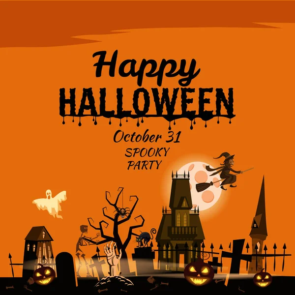 Wesołego Halloween plakat, straszne uśmiechy dynie, cmentarz, nawiedzony dwór, duch, czarownica, czarny kot, pełnia księżyca. Wektor ilustracja kreskówka styl sztandar — Wektor stockowy