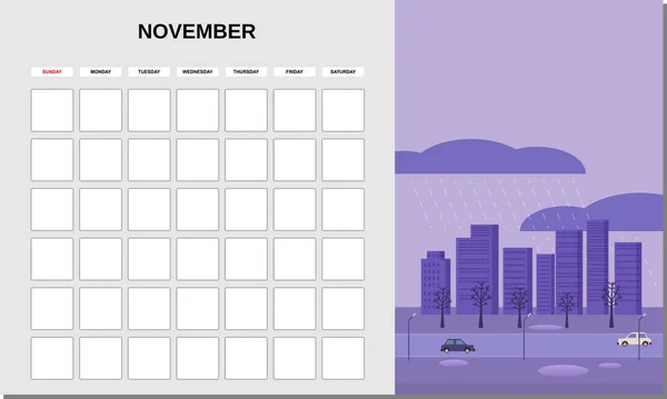 Kalenderplaner November Monat. Minimalistische Landschaft natürliche Hintergründe Herbst. Monatliche Vorlage für Tagebuchgeschäfte. Vektor isoliert — Stockvektor