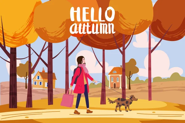 Olá Outono, jovem mulher caminha o cão no parque da cidade de outono. Olhar na moda com animal de estimação, humor de queda. Banner de ilustração vetorial —  Vetores de Stock