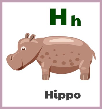 Hippo letter H english alphabet card children. Cute cartoon hand drawn animal zoo character for education. Vector illustration isolated
