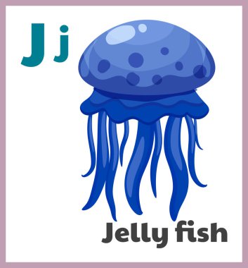 J harfi Jelly Fish alfabe kartları çocuklar. Eğitim için hayvan bahçesi karakteri çizilmiş şirin bir el çizimi. Vektör çizimi izole edildi
