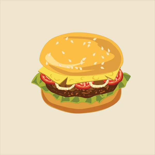 Pyszne soczyste burger, mięso, ser, cebula, pomidor, stylu cartoon, wektorowych ilustracji — Wektor stockowy
