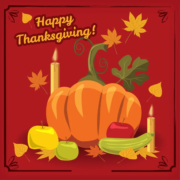 Gracias dando, calabaza, día de fiesta, manzanas, otoño, hojas, vector, bandera, ilustración — Vector de stock