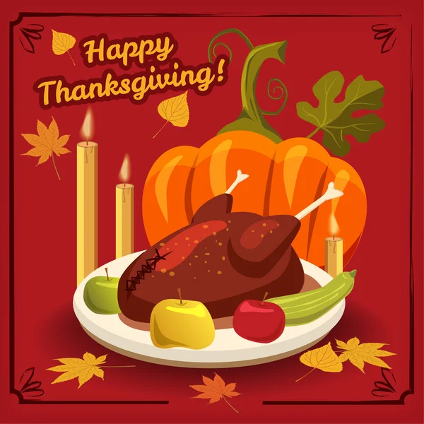 Gracias dando, calabaza, día de fiesta, manzanas, otoño, hojas, vector, bandera, ilustración — Vector de stock