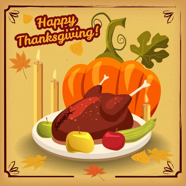Thanks giving , pumpkin, holiday, apples, autumn, leaves, vector, banner, illustration — Stock Vector