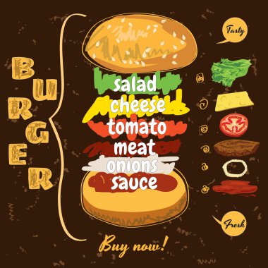 Burger ve salata, domates, peynir, soğan, pirzola, birtakım sos.