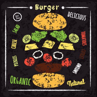 Burger ve salata, domates, peynir, soğan, pirzola, birtakım sos.