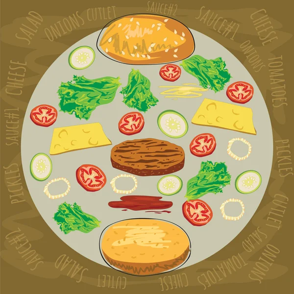 Hamburguesa y un juego de ensaladas, tomates, queso, cebollas, croquetas, salsa . — Vector de stock