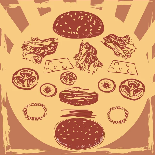 汉堡和一套沙拉、 西红柿、 奶酪、 洋葱、 肉饼，酱. — 图库矢量图片