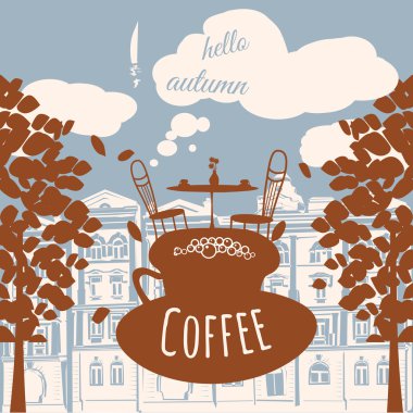 Bir fincan kahve mimarisi, pembe sonbahar gökyüzü, kahve arka plan üzerinde