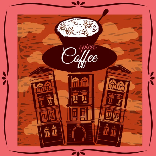 Una taza de café en el fondo de la arquitectura, vintage — Vector de stock