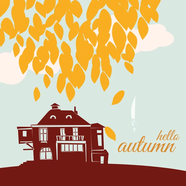 Paysage d'automne avec vent et feuilles — Image vectorielle