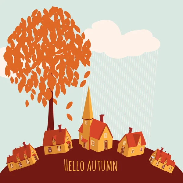 Postal hola otoño, árbol de otoño contra la casa, hojas de otoño, vector, bandera, ilustración — Vector de stock