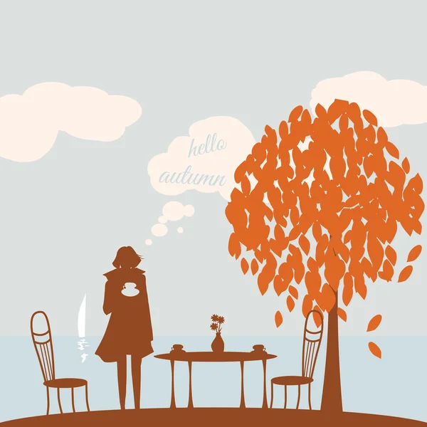 Carte postale bonjour automne, fille, arbre d'automne, la mer, voile, feuilles d'automne, vecteur, bannière, illustration — Image vectorielle