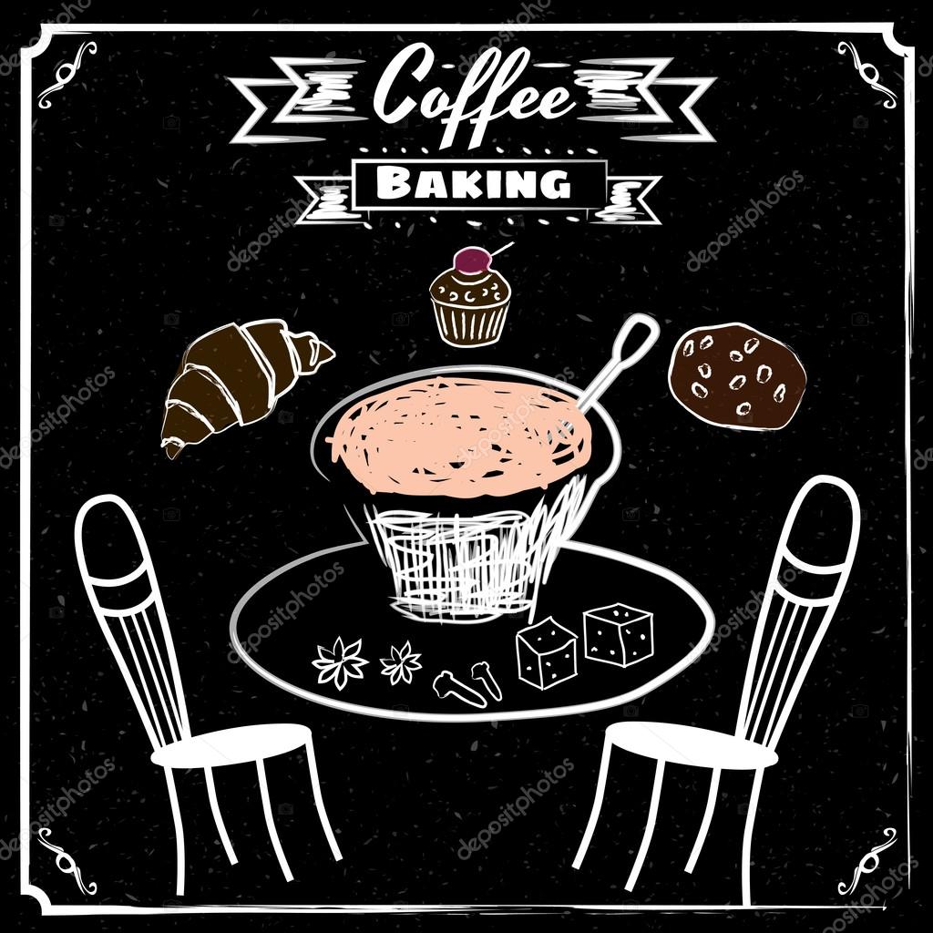 A cup of coffee on the background of architecture, drawn in chalk on a blackboard, cafe, vintage, vector, banner, illustration