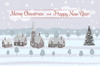 Mutlu Noeller ve mutlu yeni yıl tebrik kartı, arka plan kış manzara, aplike